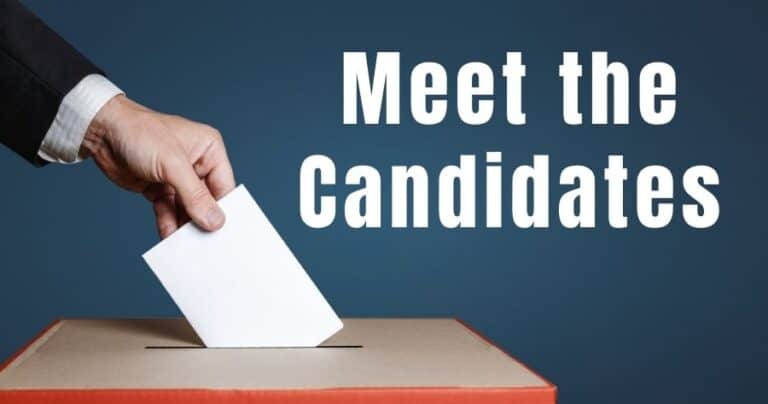 hand dropping ballot in box with text meet the candidates
