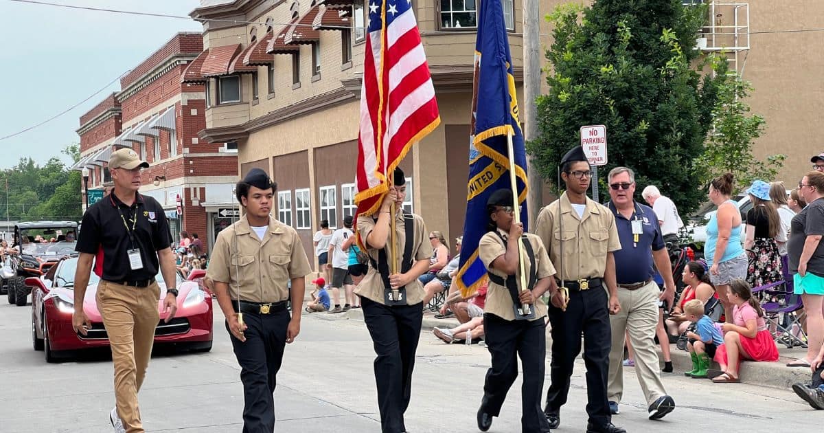 Job Corps ROTC students march in the Waterfest parade in Excelsior Springs
