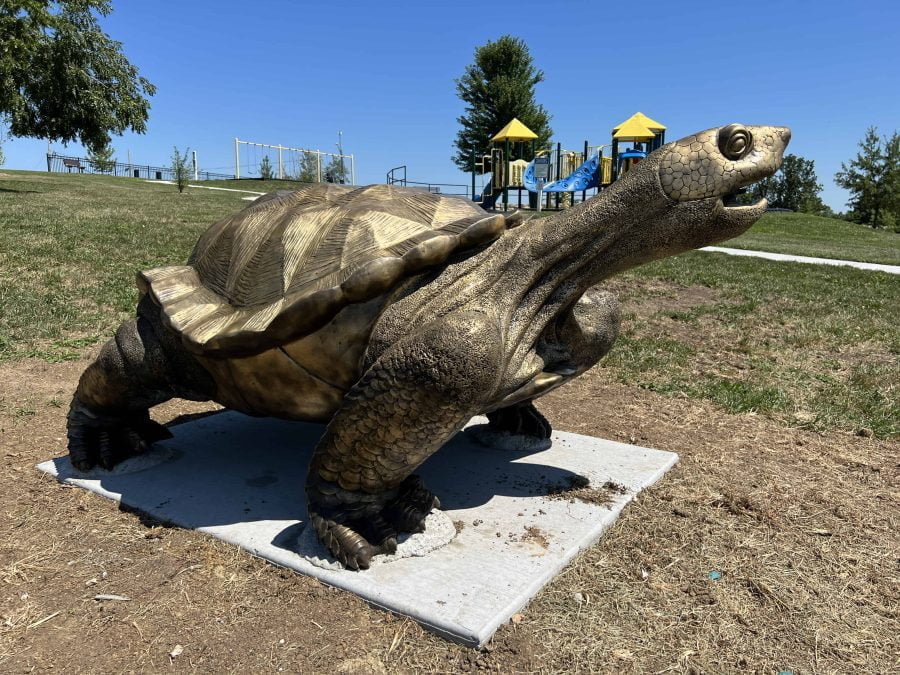 Bronze turtle statue near playground equipment at Century Park in Excelsior Springs