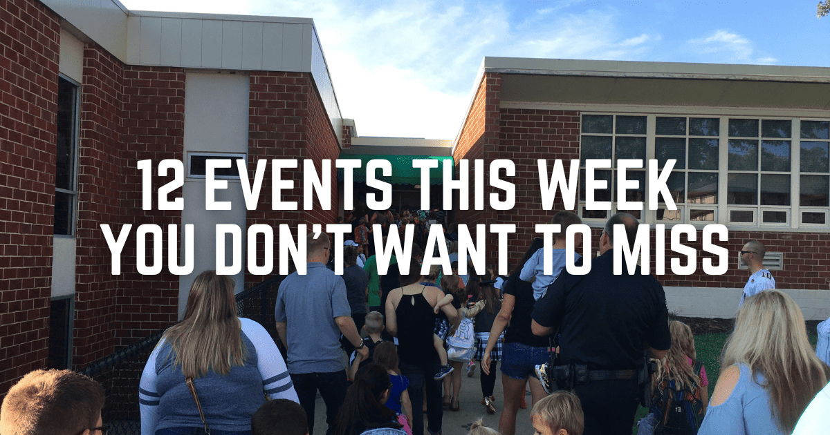 Banner for 12 Events This Week You Don't Want to Miss - featuring children and parents walking into Lewis Elementary school on the first day