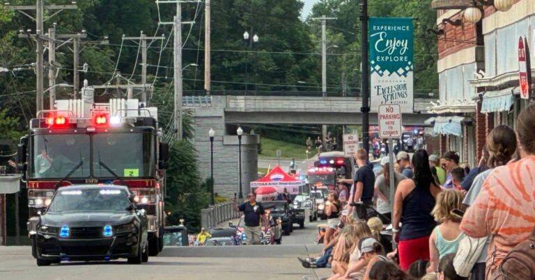 Beginning of a parade along Marietta Street in Excelsior Springs, Missouri during Waterfest