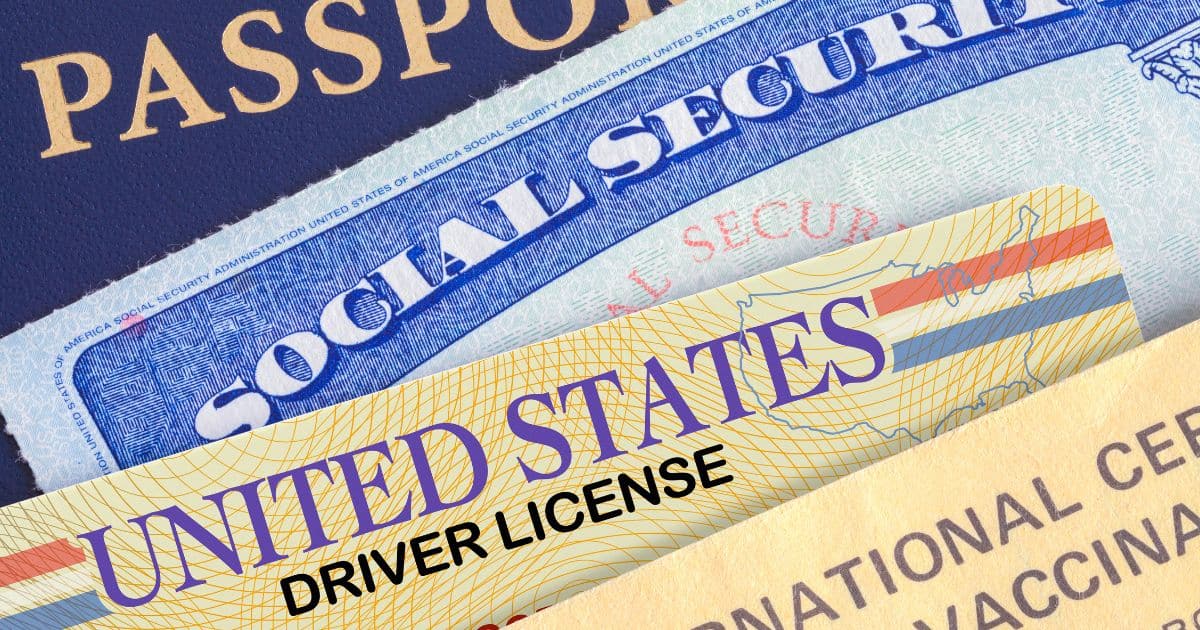 Pictures of official forms of identification, passport, drivers license, social security card