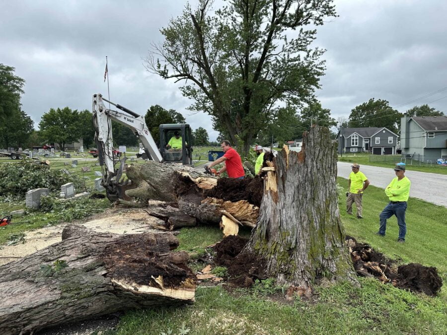 Chad Birdsong chainsaws a fallen tree in Crown Hill Cemetery