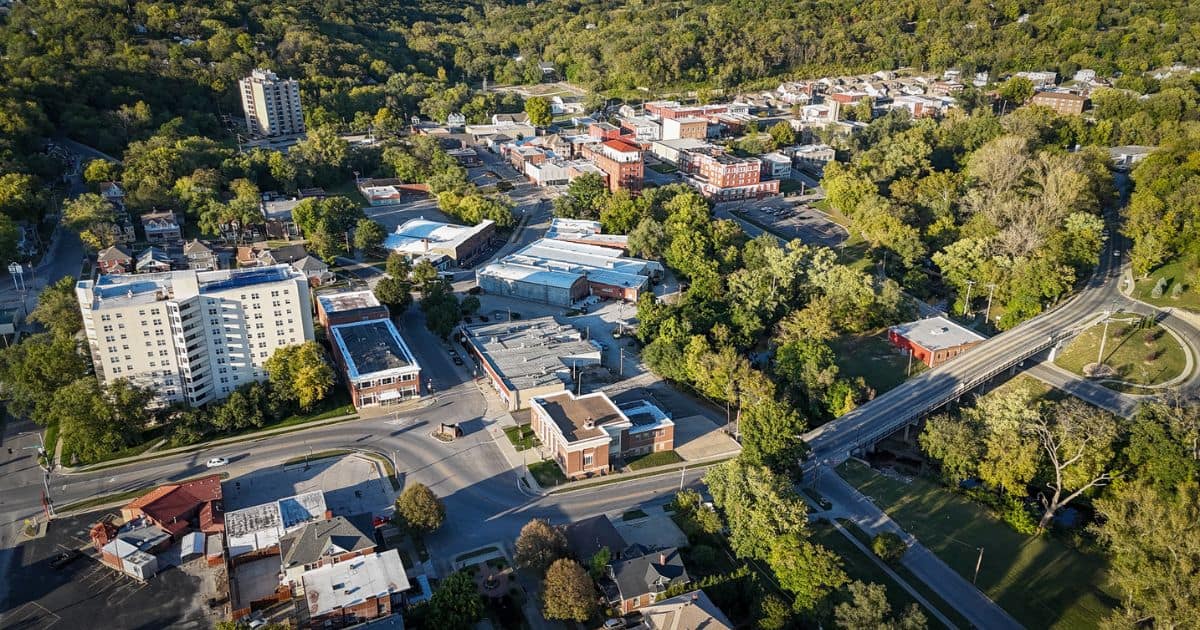 aerial view of the downtown in Excelsior Springs