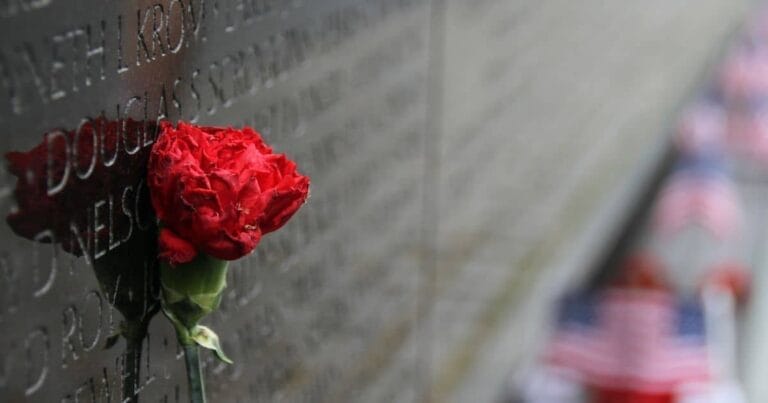 Vietnam War Memorial wall with red rose