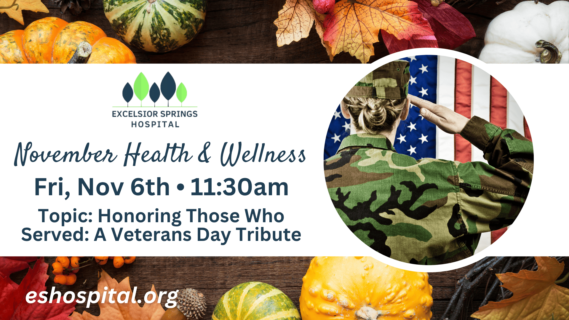 November Health and Wellness class on Nov. 6 at 11:30am at the ES Community Center - Honoring Those Who Served — A Veterans Day Tribute